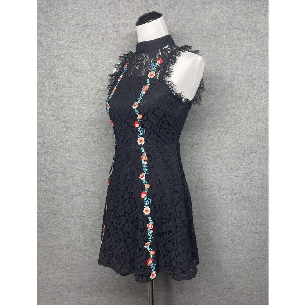 Altar'd State Jaenie Dress SM Sleeveless Mock-Neck Black Floral Lace Embroidered - Picture 5 of 13